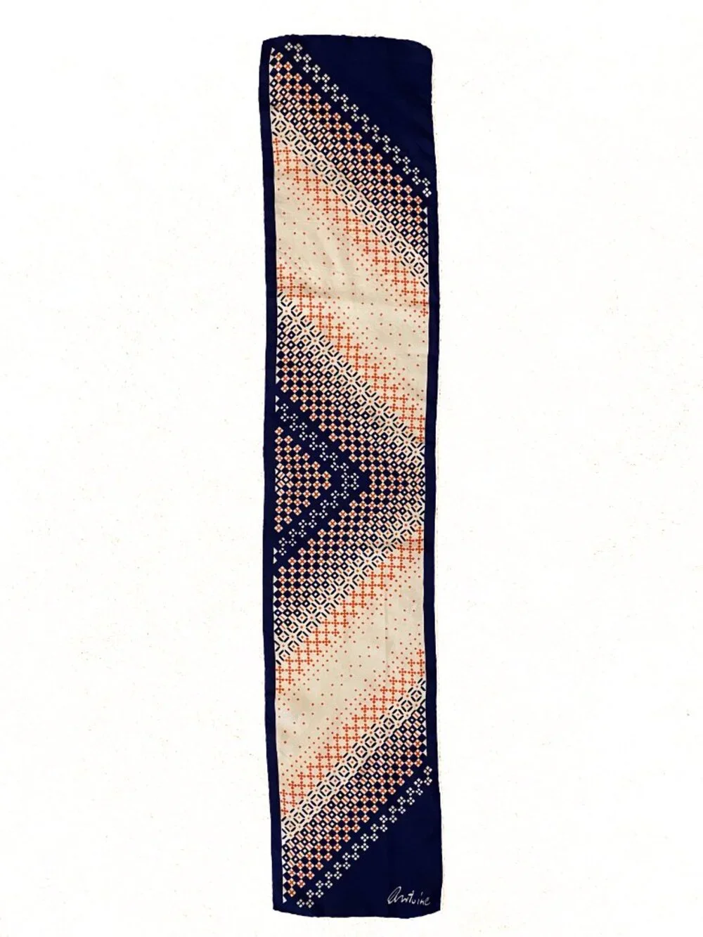 Vintage ANTOINE Long Rectangle Oblong Silk Scarf Navy Blue, Orange / Red, White